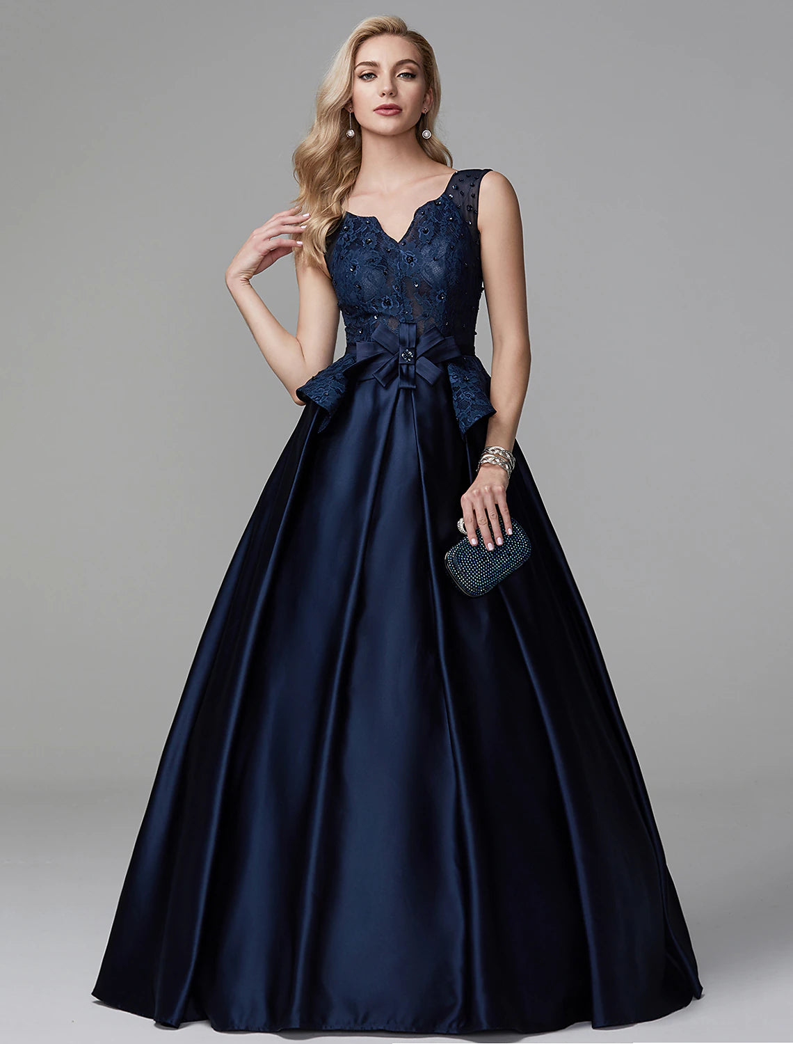 Wholesale Ball Gown Peplum Quinceanera Formal Evening Dress V Neck Sleeveless Floor Length Lace with Bow(s) Beading